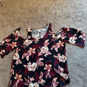 VENUS Floral Cold Shoulder Blouse - Black and Burgundy